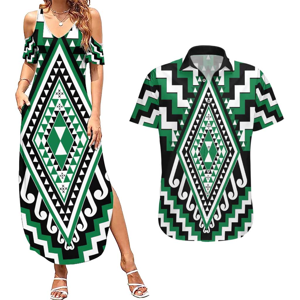 Green Aotearoa Taniko Poutama Patikitiki Couples Matching Summer Maxi Dress and Hawaiian Shirt LT14 Green - Polynesian Pride