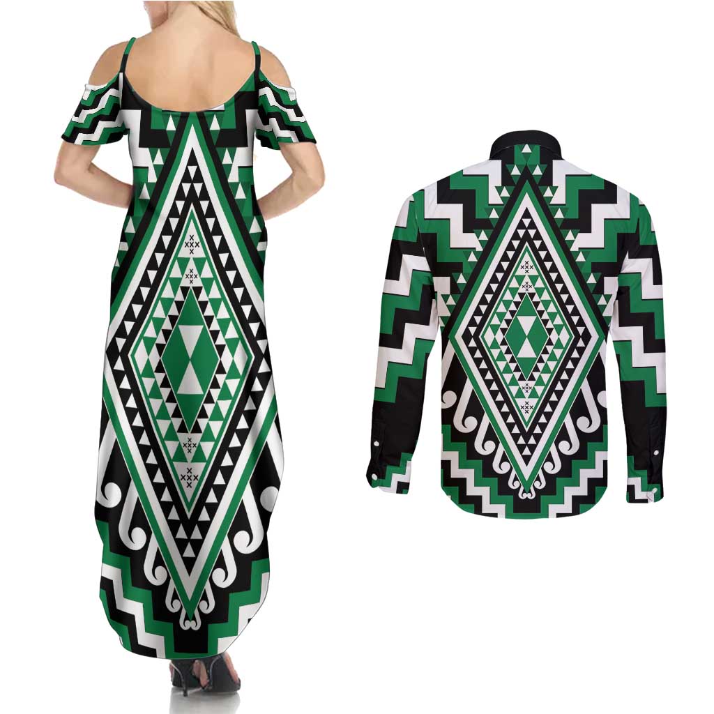 Green Aotearoa Taniko Poutama Patikitiki Couples Matching Summer Maxi Dress and Long Sleeve Button Shirt LT14 - Polynesian Pride