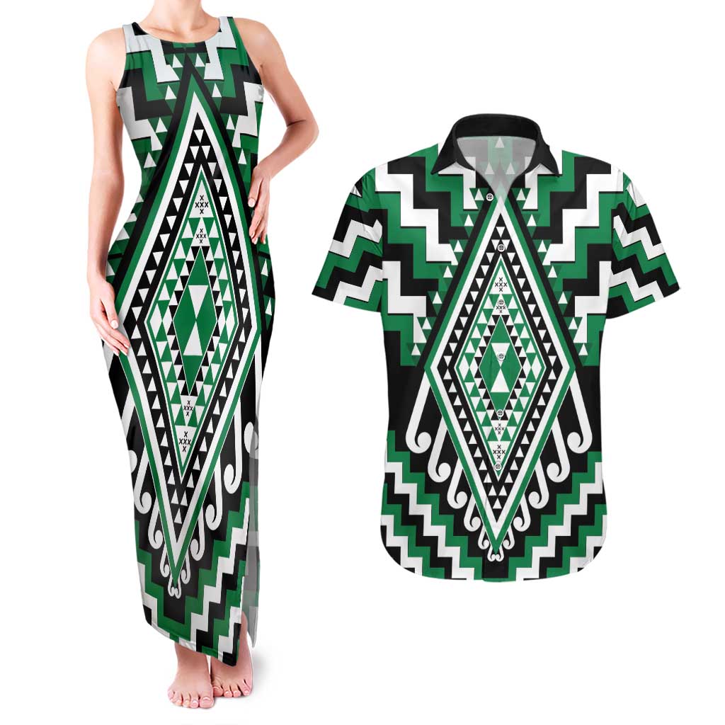 Green Aotearoa Taniko Poutama Patikitiki Couples Matching Tank Maxi Dress and Hawaiian Shirt LT14 Green - Polynesian Pride