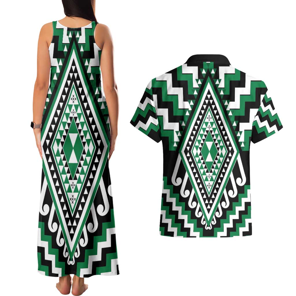 Green Aotearoa Taniko Poutama Patikitiki Couples Matching Tank Maxi Dress and Hawaiian Shirt LT14 - Polynesian Pride