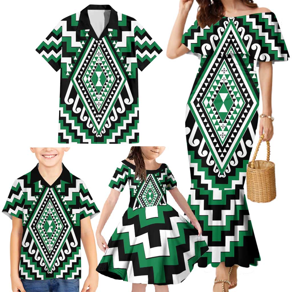 Green Aotearoa Taniko Poutama Patikitiki Family Matching Mermaid Dress and Hawaiian Shirt LT14 - Polynesian Pride