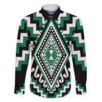 Green Aotearoa Taniko Poutama Patikitiki Family Matching Mermaid Dress and Hawaiian Shirt LT14 Dad's Shirt - Long Sleeve Green - Polynesian Pride