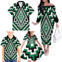 Green Aotearoa Taniko Poutama Patikitiki Family Matching Off The Shoulder Long Sleeve Dress and Hawaiian Shirt