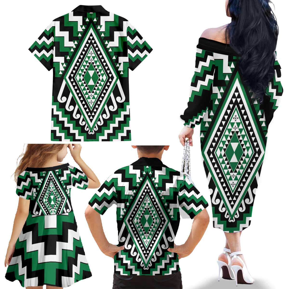 Green Aotearoa Taniko Poutama Patikitiki Family Matching Off The Shoulder Long Sleeve Dress and Hawaiian Shirt