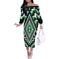Green Aotearoa Taniko Poutama Patikitiki Family Matching Off The Shoulder Long Sleeve Dress and Hawaiian Shirt