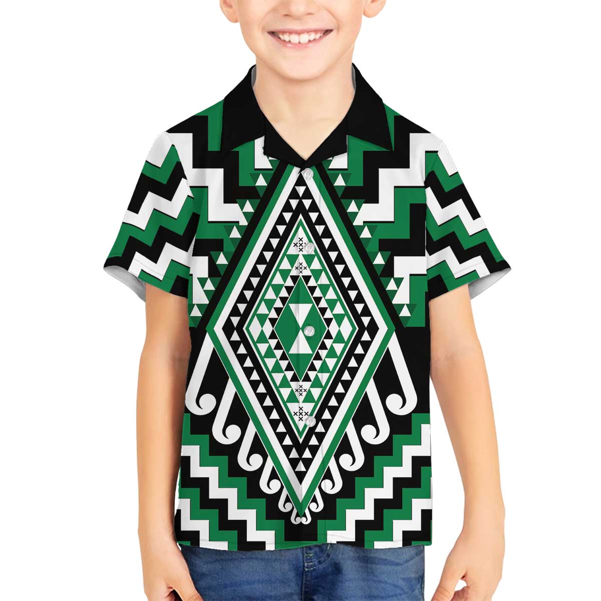 Green Aotearoa Taniko Poutama Patikitiki Family Matching Off The Shoulder Long Sleeve Dress and Hawaiian Shirt