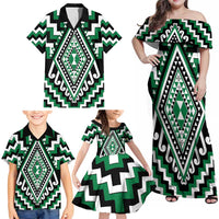 Green Aotearoa Taniko Poutama Patikitiki Family Matching Off Shoulder Maxi Dress and Hawaiian Shirt