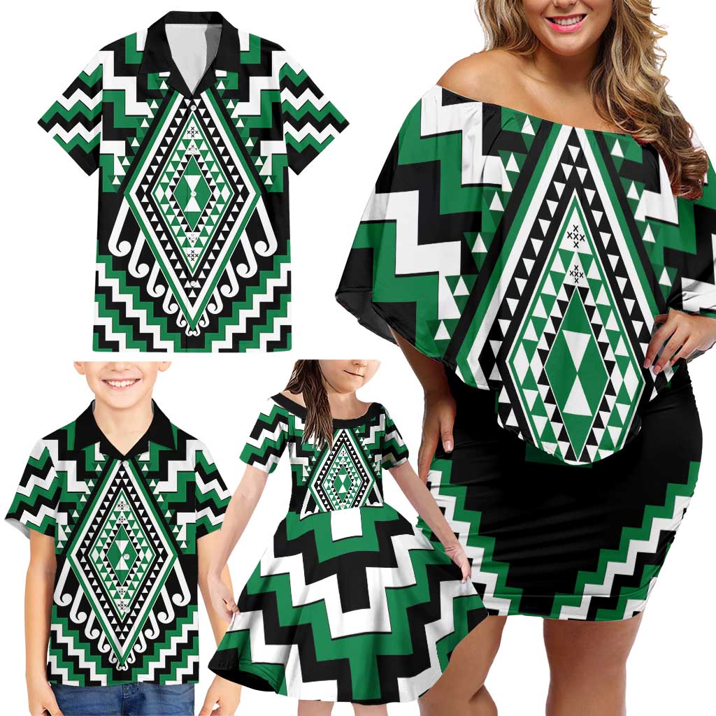 Green Aotearoa Taniko Poutama Patikitiki Family Matching Off Shoulder Short Dress and Hawaiian Shirt