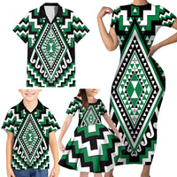 Green Aotearoa Taniko Poutama Patikitiki Family Matching Short Sleeve Bodycon Dress and Hawaiian Shirt LT14 - Polynesian Pride