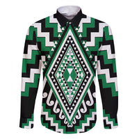 Green Aotearoa Taniko Poutama Patikitiki Family Matching Short Sleeve Bodycon Dress and Hawaiian Shirt LT14 Dad's Shirt - Long Sleeve Green - Polynesian Pride