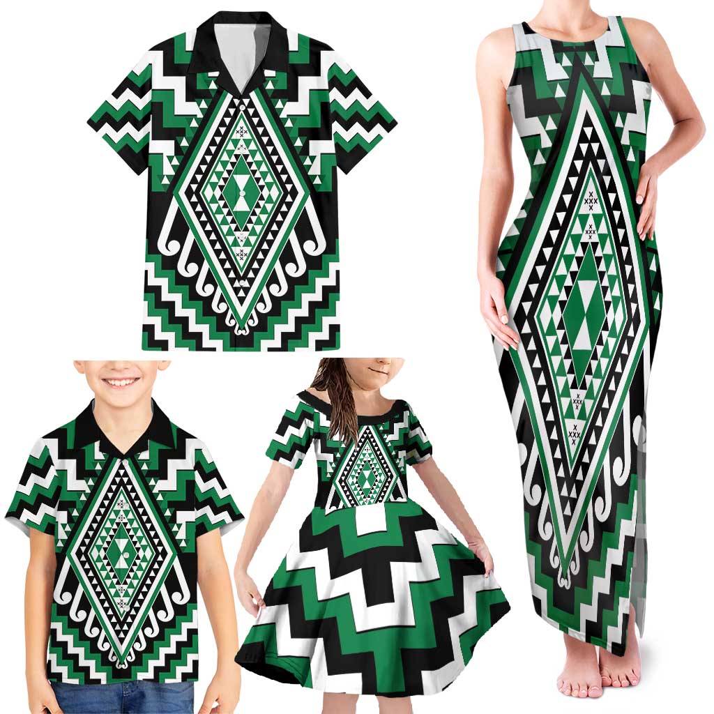 Green Aotearoa Taniko Poutama Patikitiki Family Matching Tank Maxi Dress and Hawaiian Shirt LT14 - Polynesian Pride