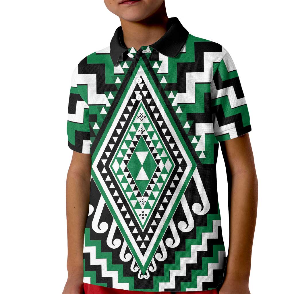 Green Aotearoa Taniko Poutama Patikitiki Kid Polo Shirt LT14 Kid Green - Polynesian Pride