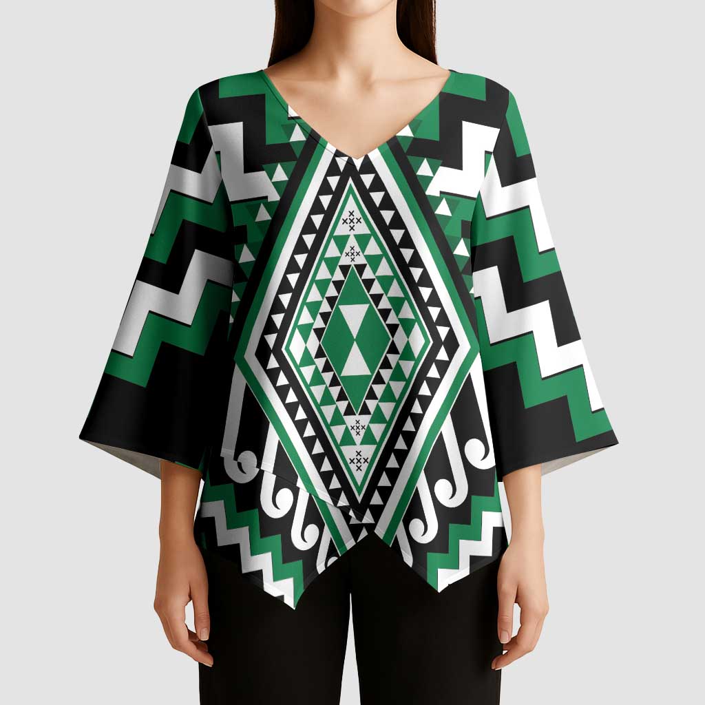 Green New Zealand Taniko Poutama Patikitiki Kimono Sleeve Blouse - Polynesian Pride