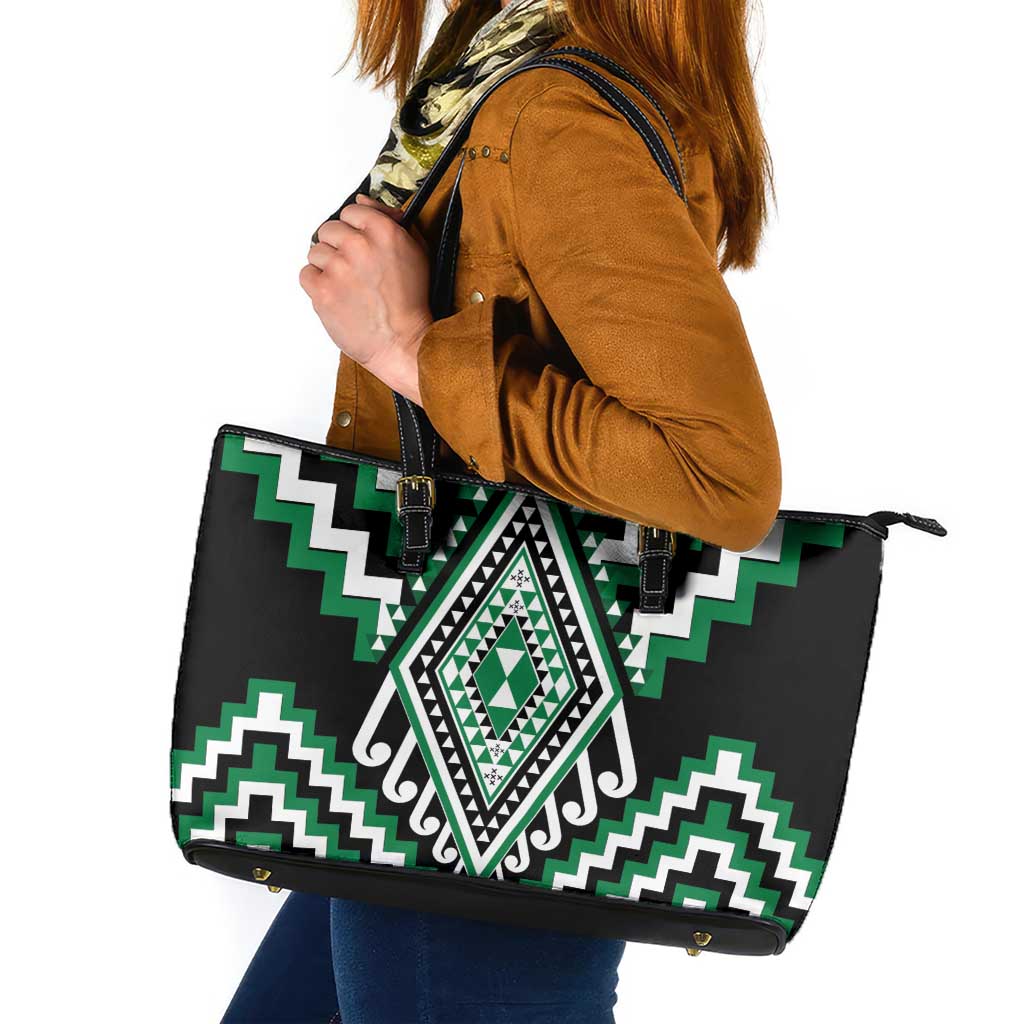 Green Aotearoa Taniko Poutama Patikitiki Leather Tote Bag LT14 Green - Polynesian Pride