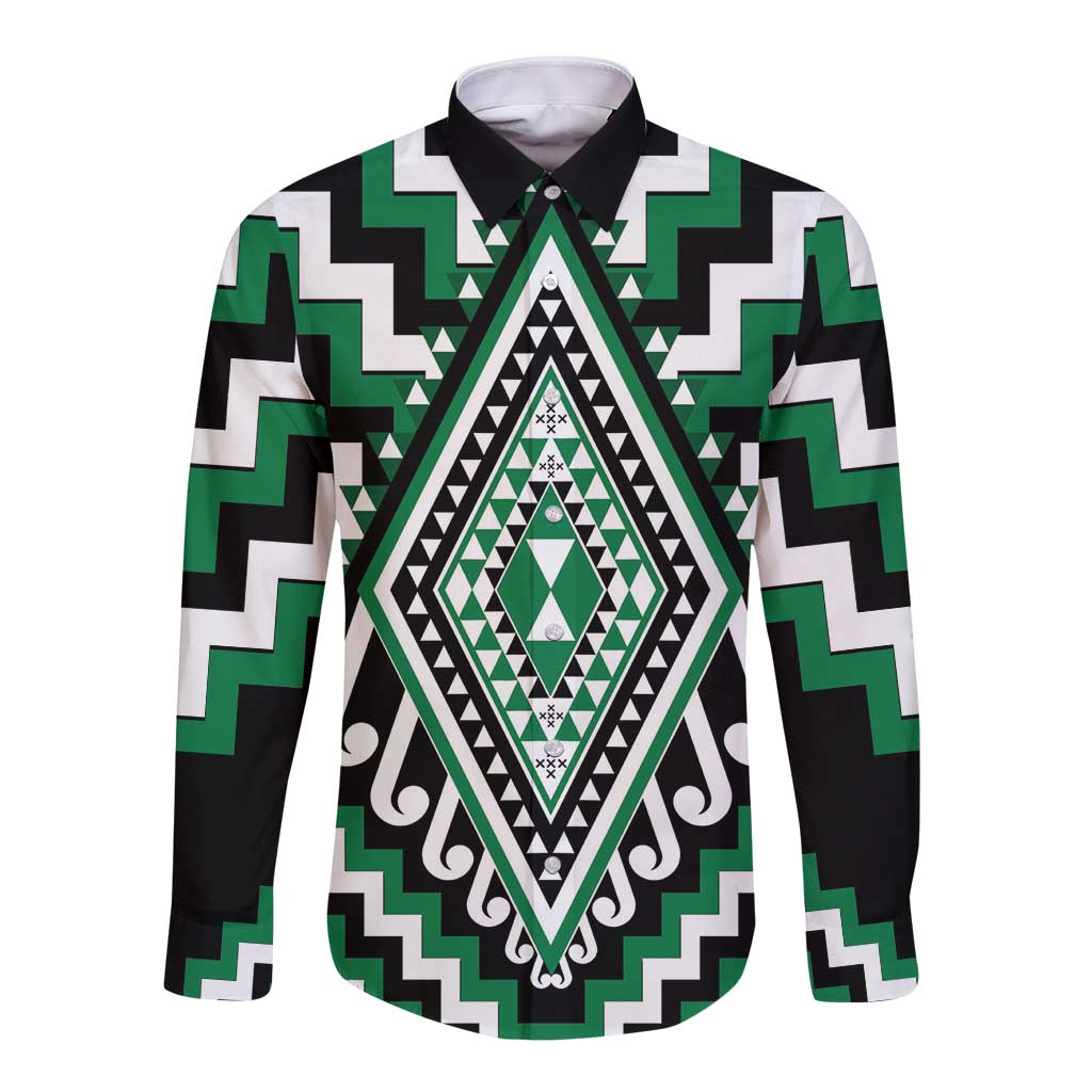 Green Aotearoa Taniko Poutama Patikitiki Long Sleeve Button Shirt
