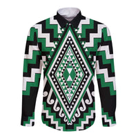 Green Aotearoa Taniko Poutama Patikitiki Long Sleeve Button Shirt
