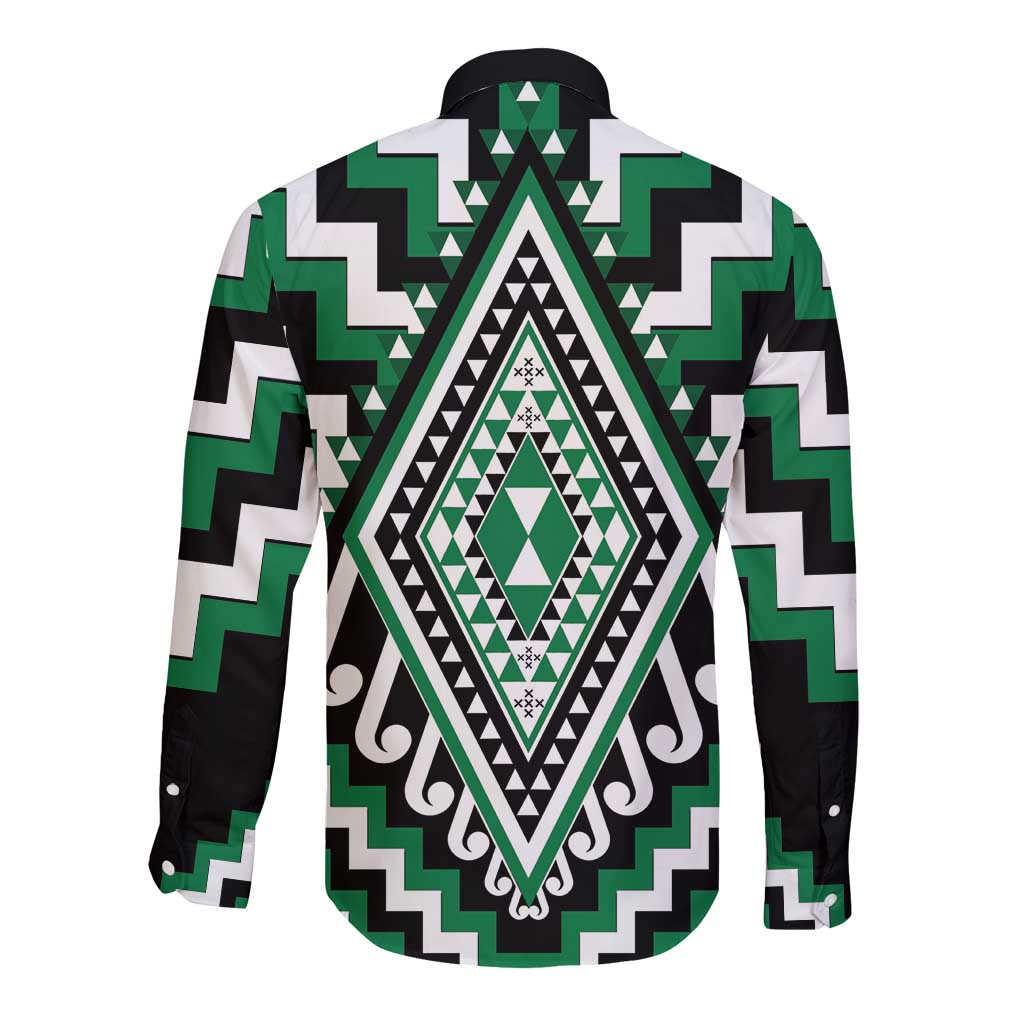 Green Aotearoa Taniko Poutama Patikitiki Long Sleeve Button Shirt