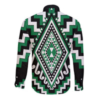 Green Aotearoa Taniko Poutama Patikitiki Long Sleeve Button Shirt