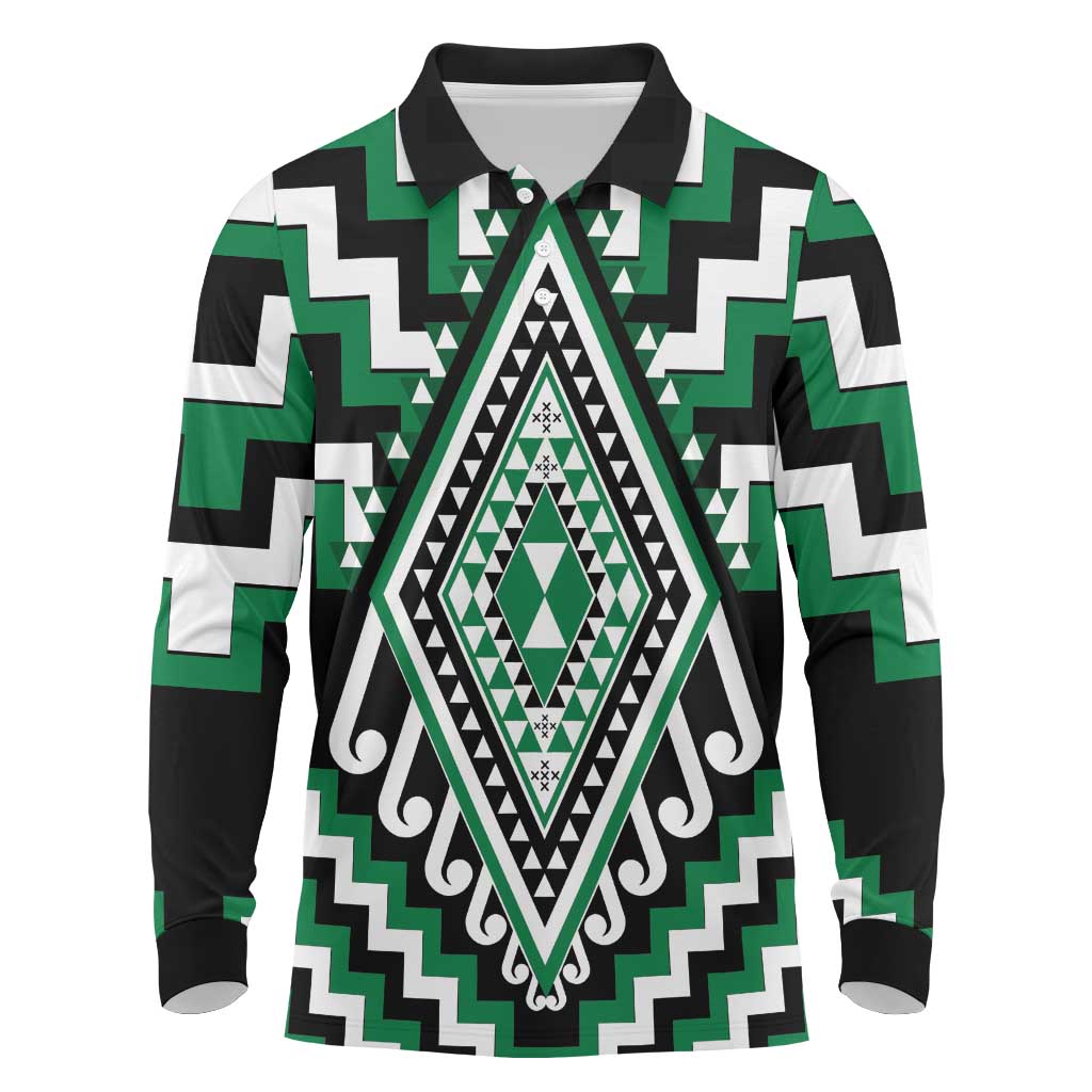 Green Aotearoa Taniko Poutama Patikitiki Long Sleeve Polo Shirt LT14 Green - Polynesian Pride