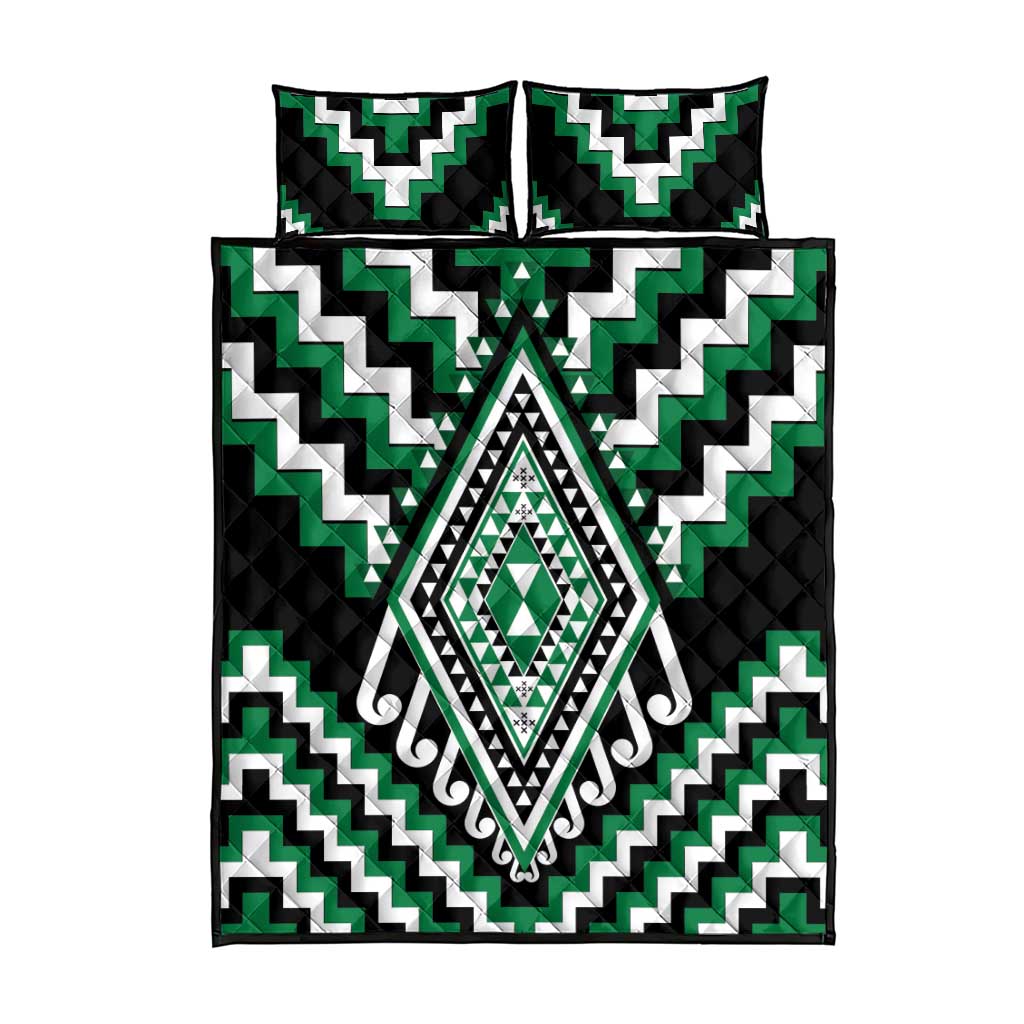 Green Aotearoa Taniko Poutama Patikitiki Quilt Bed Set