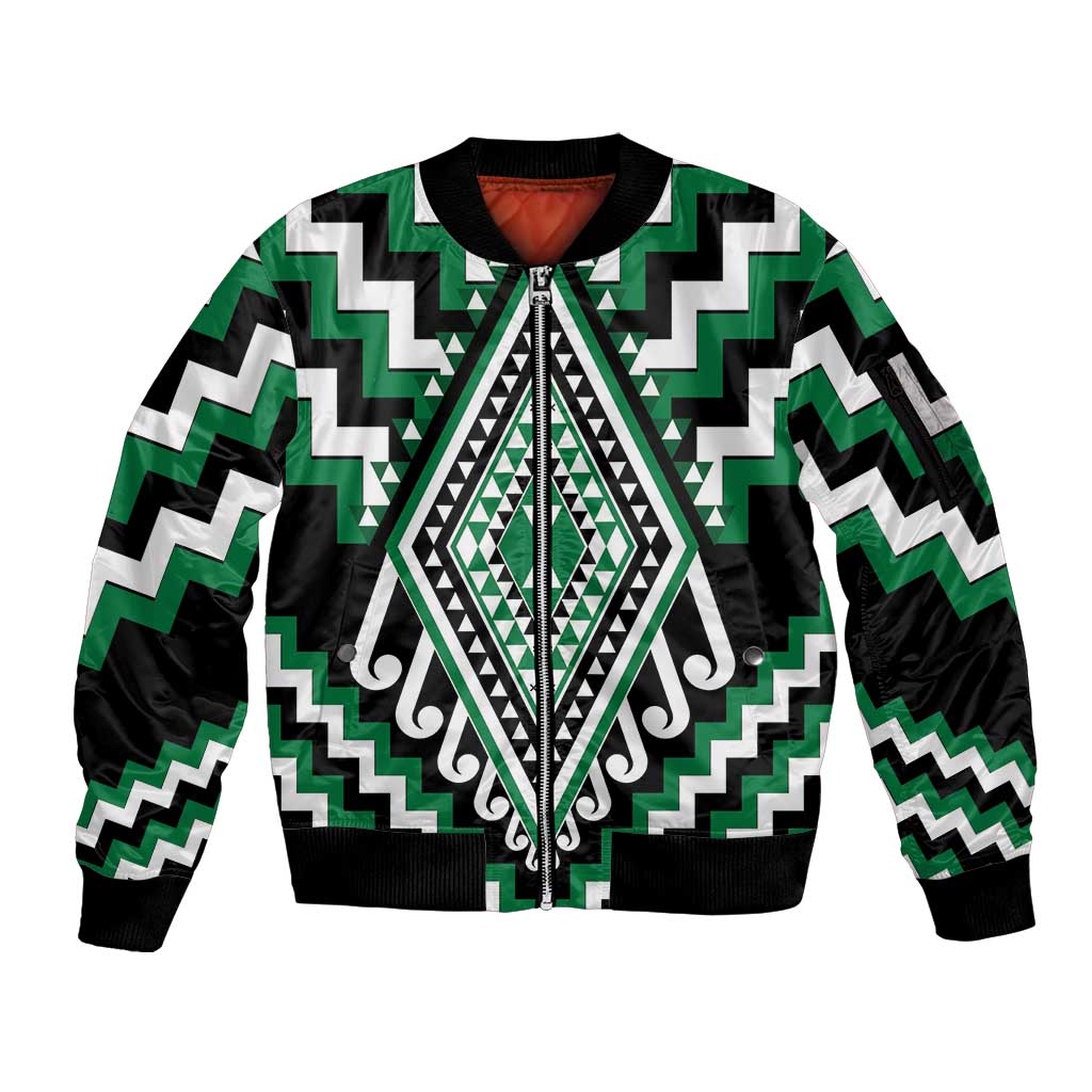 Green Aotearoa Taniko Poutama Patikitiki Sleeve Zip Bomber Jacket LT14 Unisex Green - Polynesian Pride