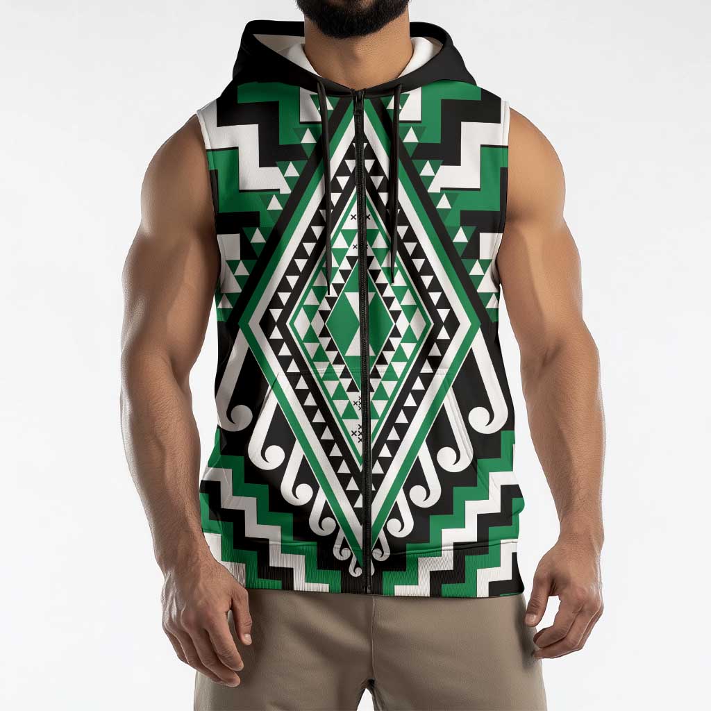 Green New Zealand Taniko Poutama Patikitiki Sleeveless Zip Hoodie LT14 - Polynesian Pride