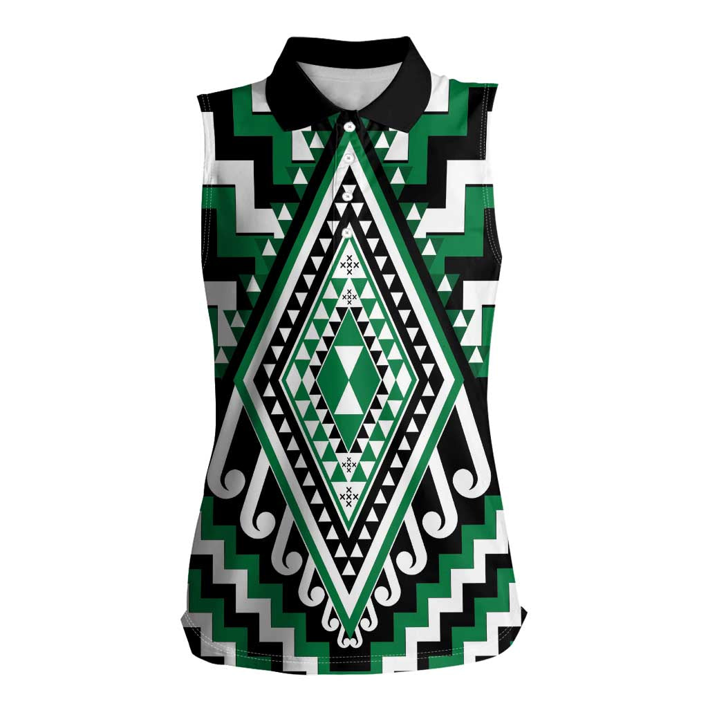 Green Aotearoa Taniko Poutama Patikitiki Women Sleeveless Polo Shirt LT14 Female Green - Polynesian Pride