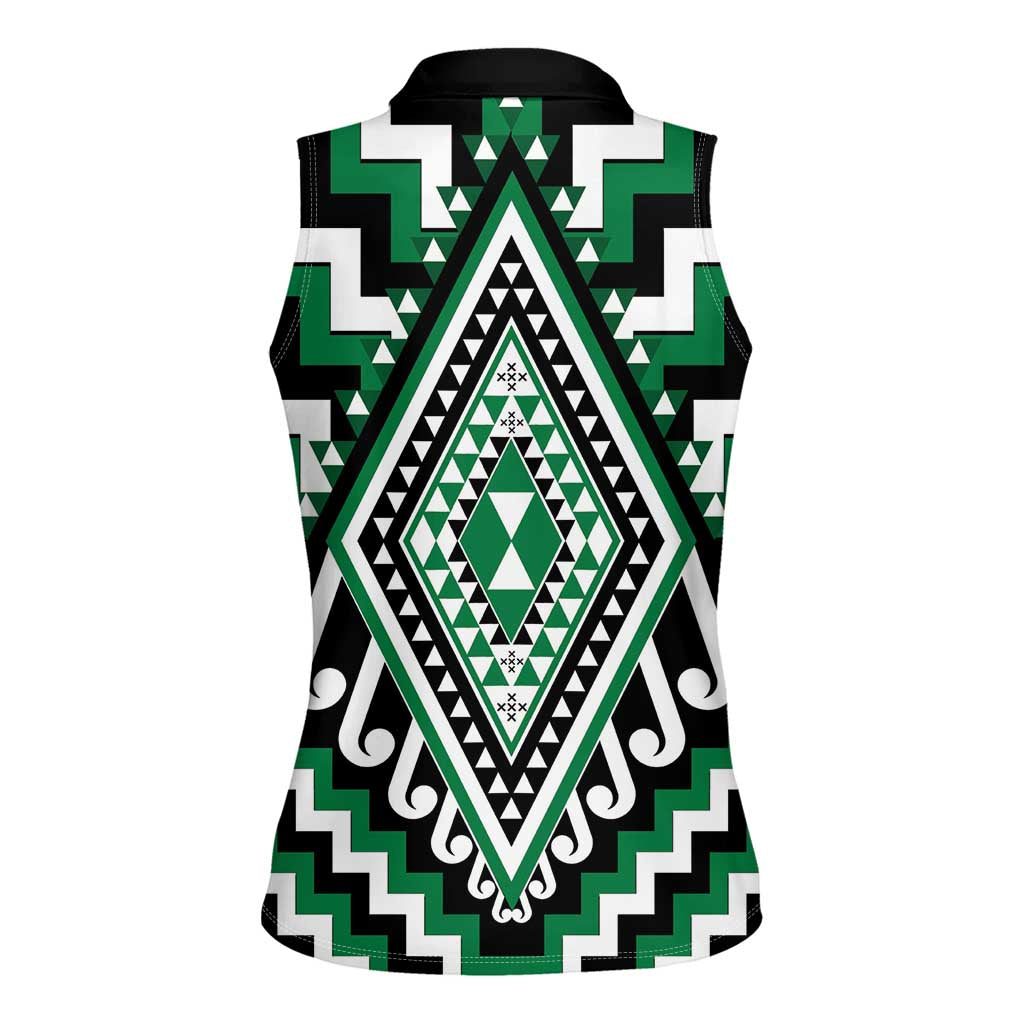 Green Aotearoa Taniko Poutama Patikitiki Women Sleeveless Polo Shirt LT14 - Polynesian Pride