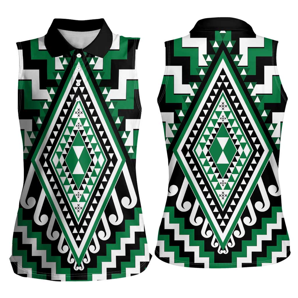 Green Aotearoa Taniko Poutama Patikitiki Women Sleeveless Polo Shirt LT14 - Polynesian Pride