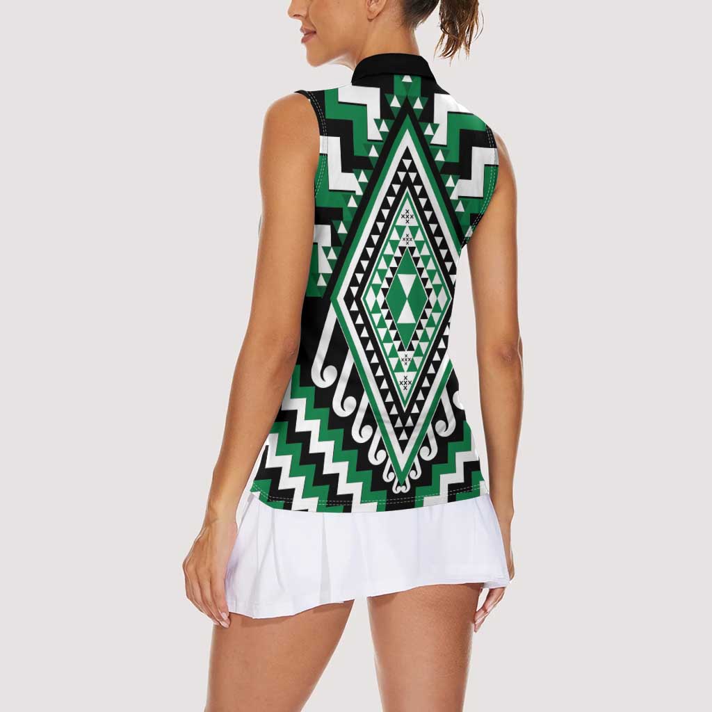 Green Aotearoa Taniko Poutama Patikitiki Women Sleeveless Polo Shirt LT14 - Polynesian Pride