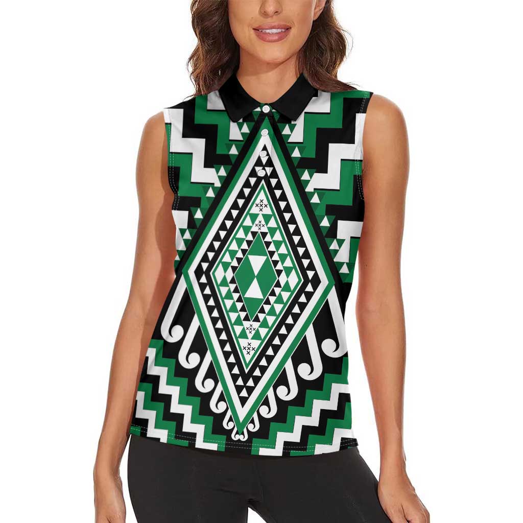 Green Aotearoa Taniko Poutama Patikitiki Women Sleeveless Polo Shirt LT14 - Polynesian Pride