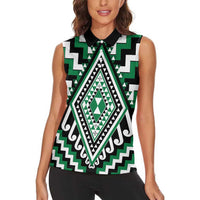 Green Aotearoa Taniko Poutama Patikitiki Women Sleeveless Polo Shirt LT14 - Polynesian Pride