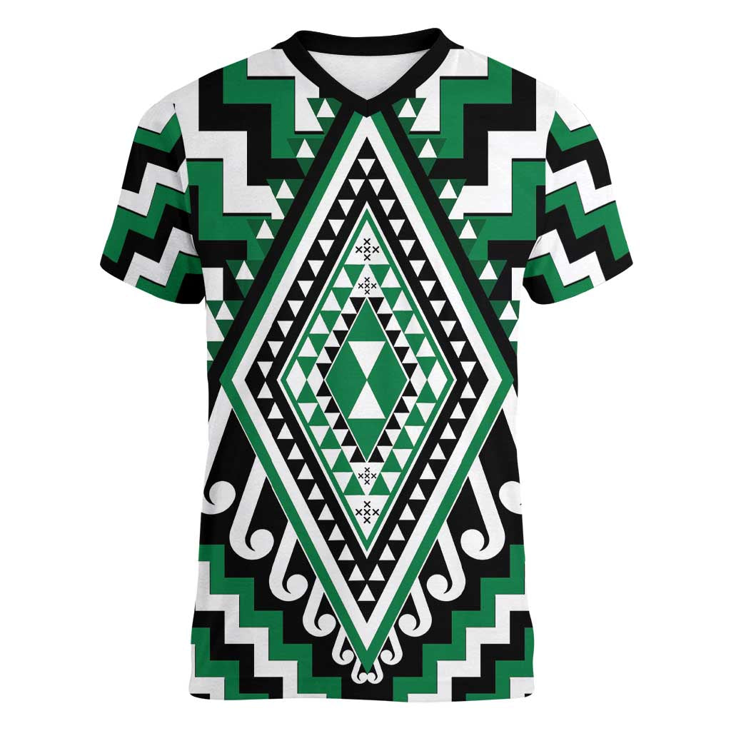 Green Aotearoa Taniko Poutama Patikitiki Women V-Neck T-Shirt LT14 Female Green - Polynesian Pride