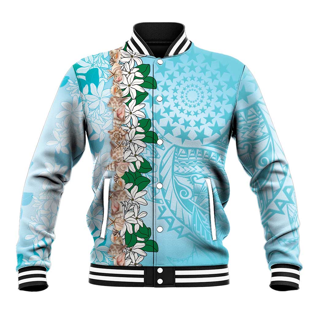 Cook Islands Tiare Maori With Conch Shell Baseball Jacket Pasifika Fest Polynesian Tattoo Turquoise