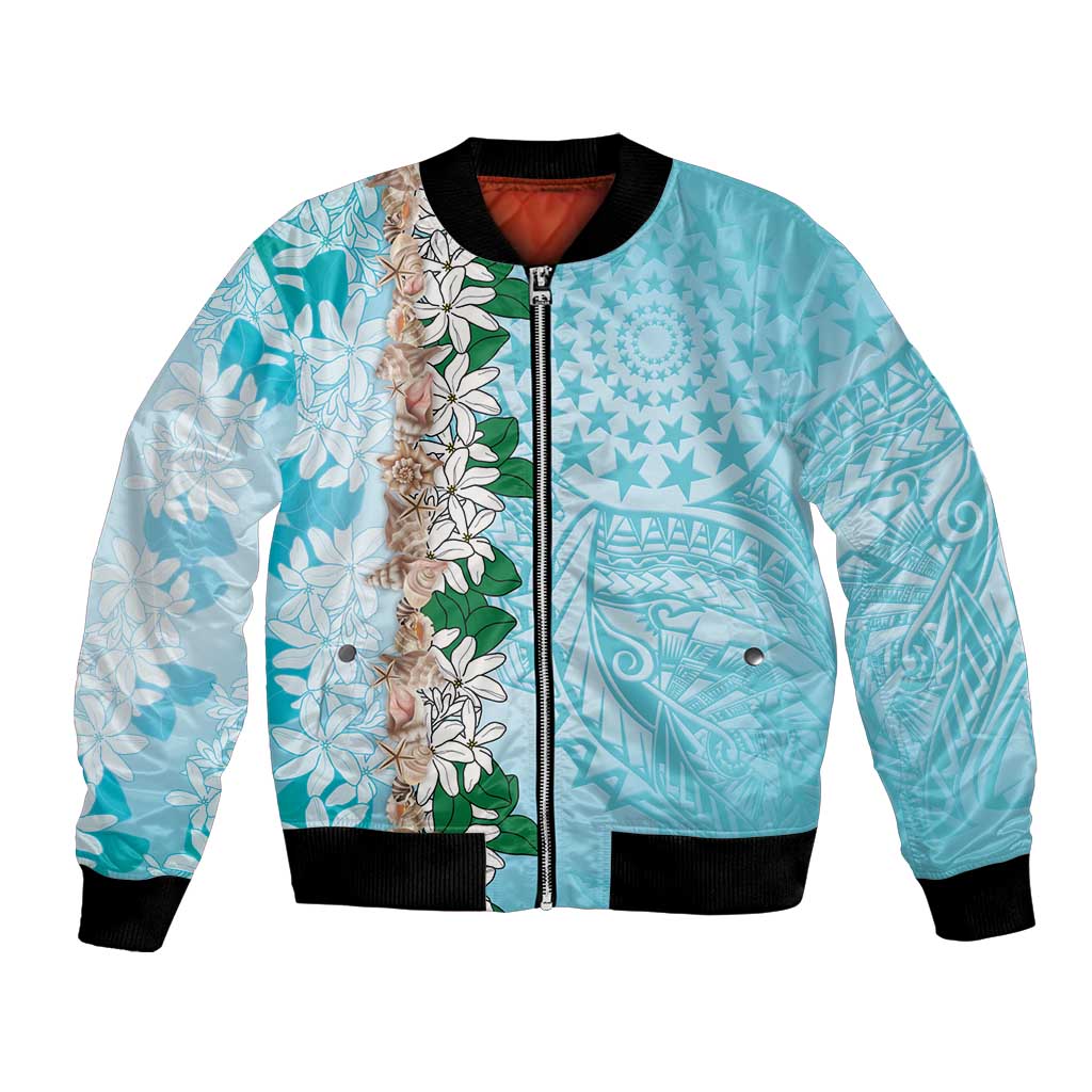 Cook Islands Tiare Maori With Conch Shell Bomber Jacket Pasifika Fest Polynesian Tattoo Turquoise