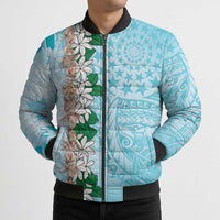 Cook Islands Tiare Maori With Conch Shell Bomber Puffer Jacket Pasifika Fest Polynesian Tattoo Turquoise