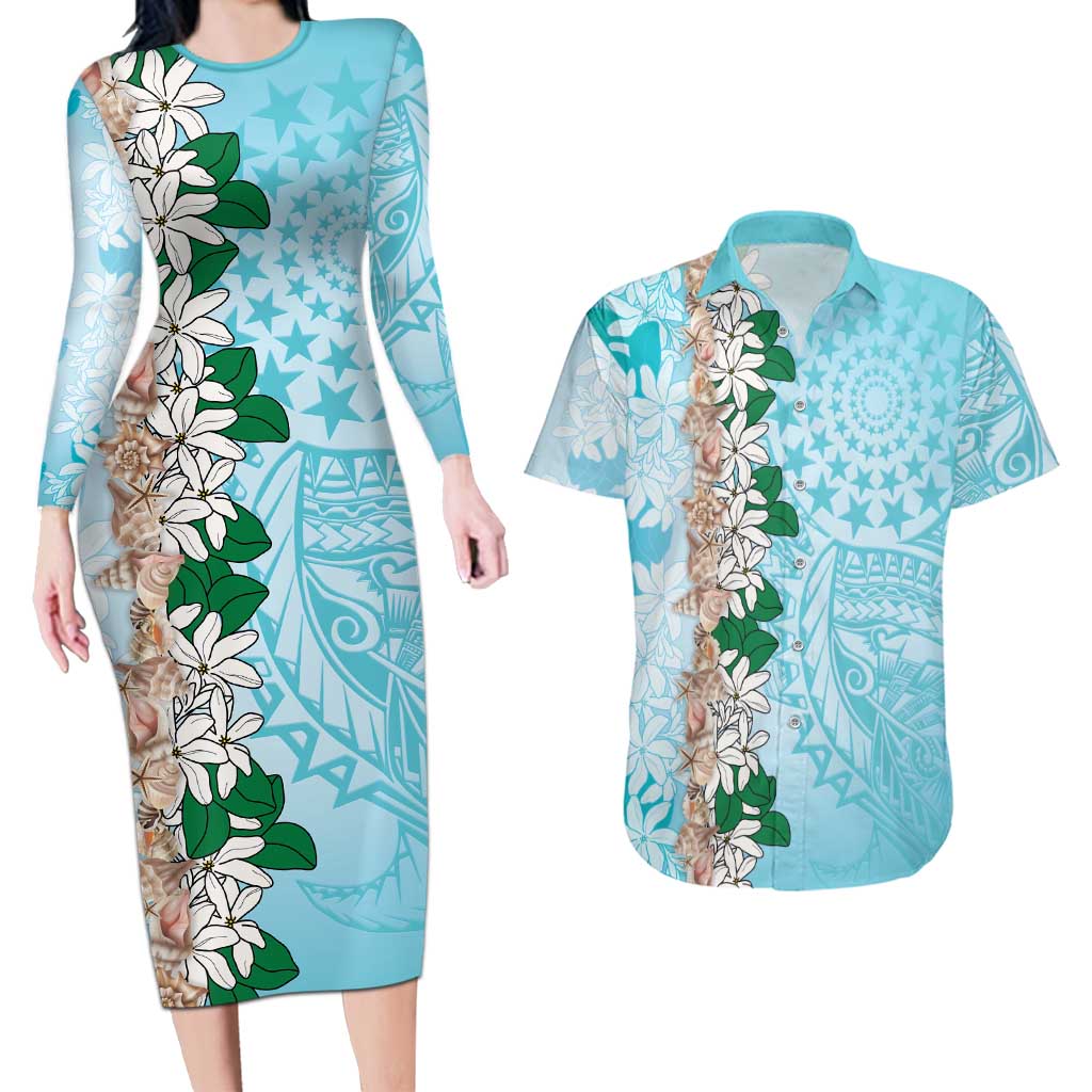 Cook Islands Tiare Maori With Conch Shell Couples Matching Long Sleeve Bodycon Dress and Hawaiian Shirt Pasifika Fest Polynesian Tattoo Turquoise