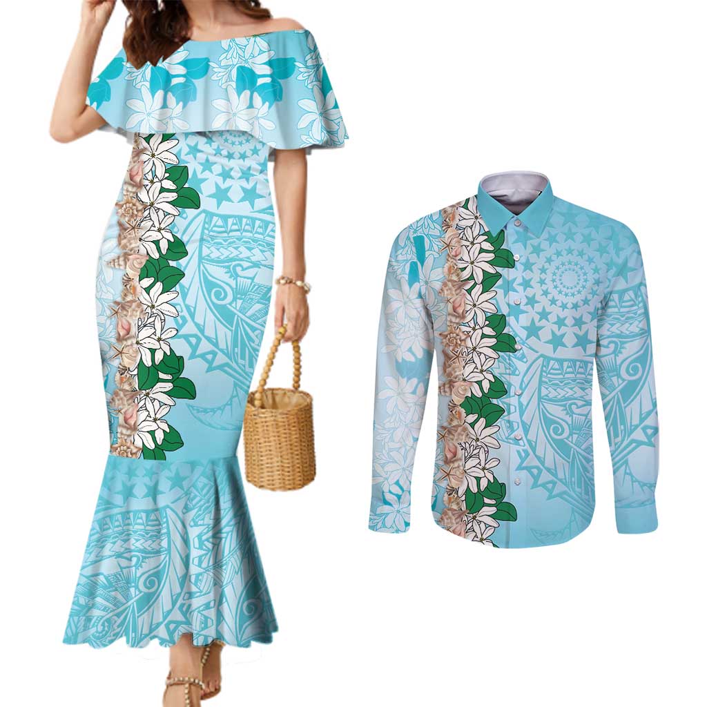 Cook Islands Tiare Maori With Conch Shell Couples Matching Mermaid Dress and Long Sleeve Button Shirt Pasifika Fest Polynesian Tattoo Turquoise