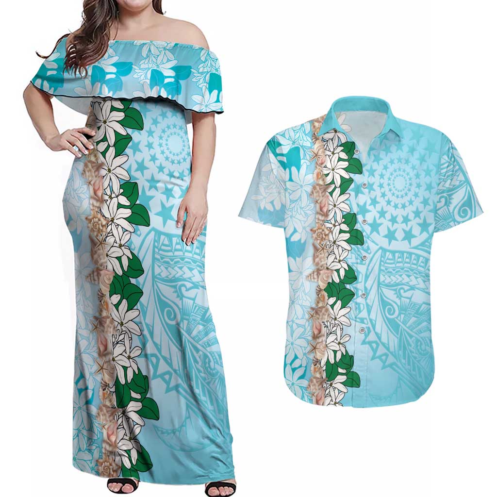 Cook Islands Tiare Maori With Conch Shell Couples Matching Off Shoulder Maxi Dress and Hawaiian Shirt Pasifika Fest Polynesian Tattoo Turquoise