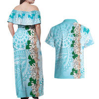 Cook Islands Tiare Maori With Conch Shell Couples Matching Off Shoulder Maxi Dress and Hawaiian Shirt Pasifika Fest Polynesian Tattoo Turquoise LT14 - Polynesian Pride