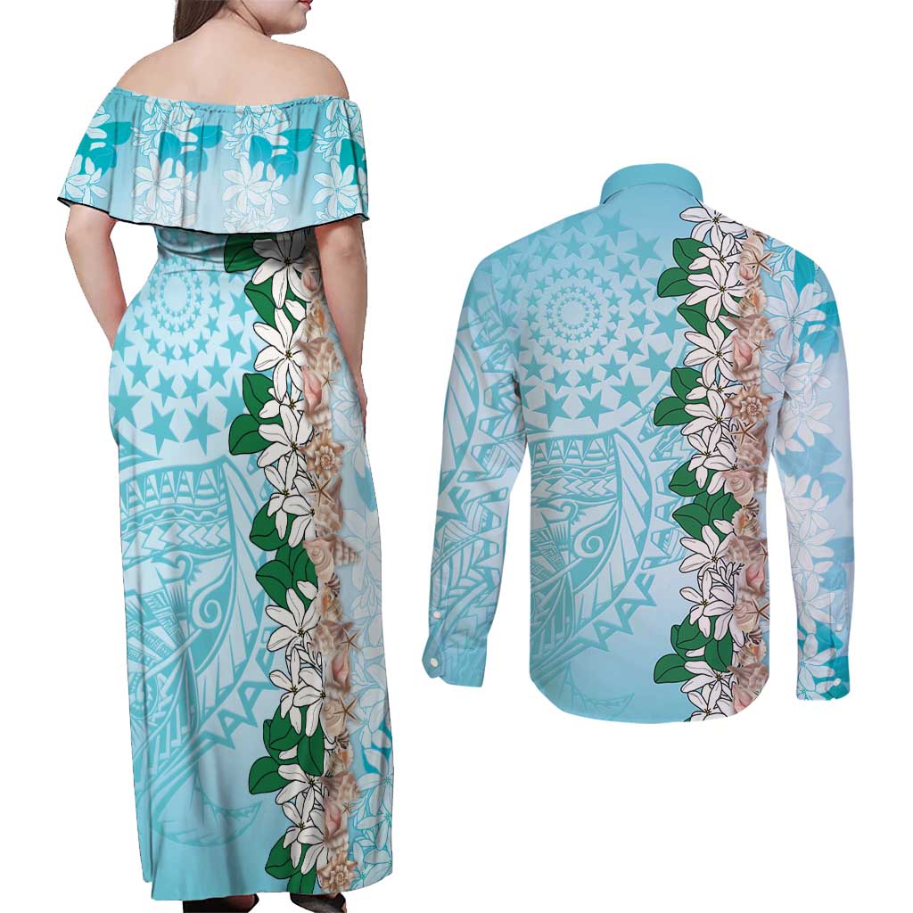 Cook Islands Tiare Maori With Conch Shell Couples Matching Off Shoulder Maxi Dress and Long Sleeve Button Shirt Pasifika Fest Polynesian Tattoo Turquoise LT14 - Polynesian Pride