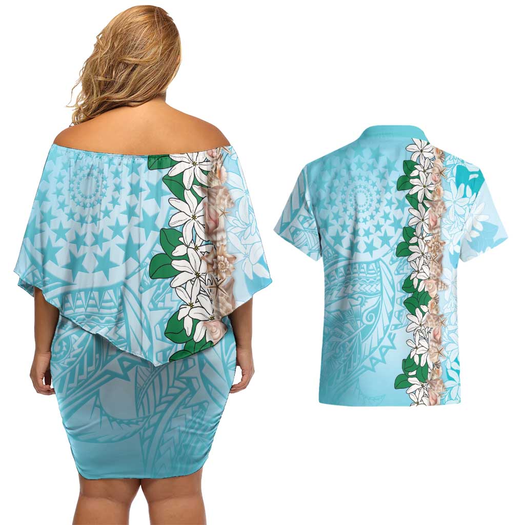 Cook Islands Tiare Maori With Conch Shell Couples Matching Off Shoulder Short Dress and Hawaiian Shirt Pasifika Fest Polynesian Tattoo Turquoise LT14 - Polynesian Pride