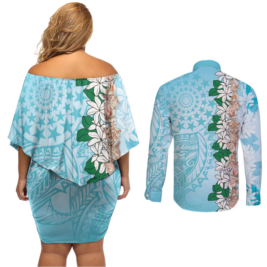 Cook Islands Tiare Maori With Conch Shell Couples Matching Off Shoulder Short Dress and Long Sleeve Button Shirt Pasifika Fest Polynesian Tattoo Turquoise LT14 - Polynesian Pride
