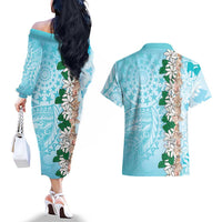Cook Islands Tiare Maori With Conch Shell Couples Matching Off The Shoulder Long Sleeve Dress and Hawaiian Shirt Pasifika Fest Polynesian Tattoo Turquoise