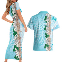 Cook Islands Tiare Maori With Conch Shell Couples Matching Short Sleeve Bodycon Dress and Hawaiian Shirt Pasifika Fest Polynesian Tattoo Turquoise