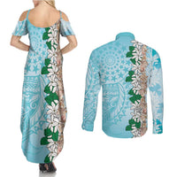 Cook Islands Tiare Maori With Conch Shell Couples Matching Summer Maxi Dress and Long Sleeve Button Shirt Pasifika Fest Polynesian Tattoo Turquoise LT14 - Polynesian Pride