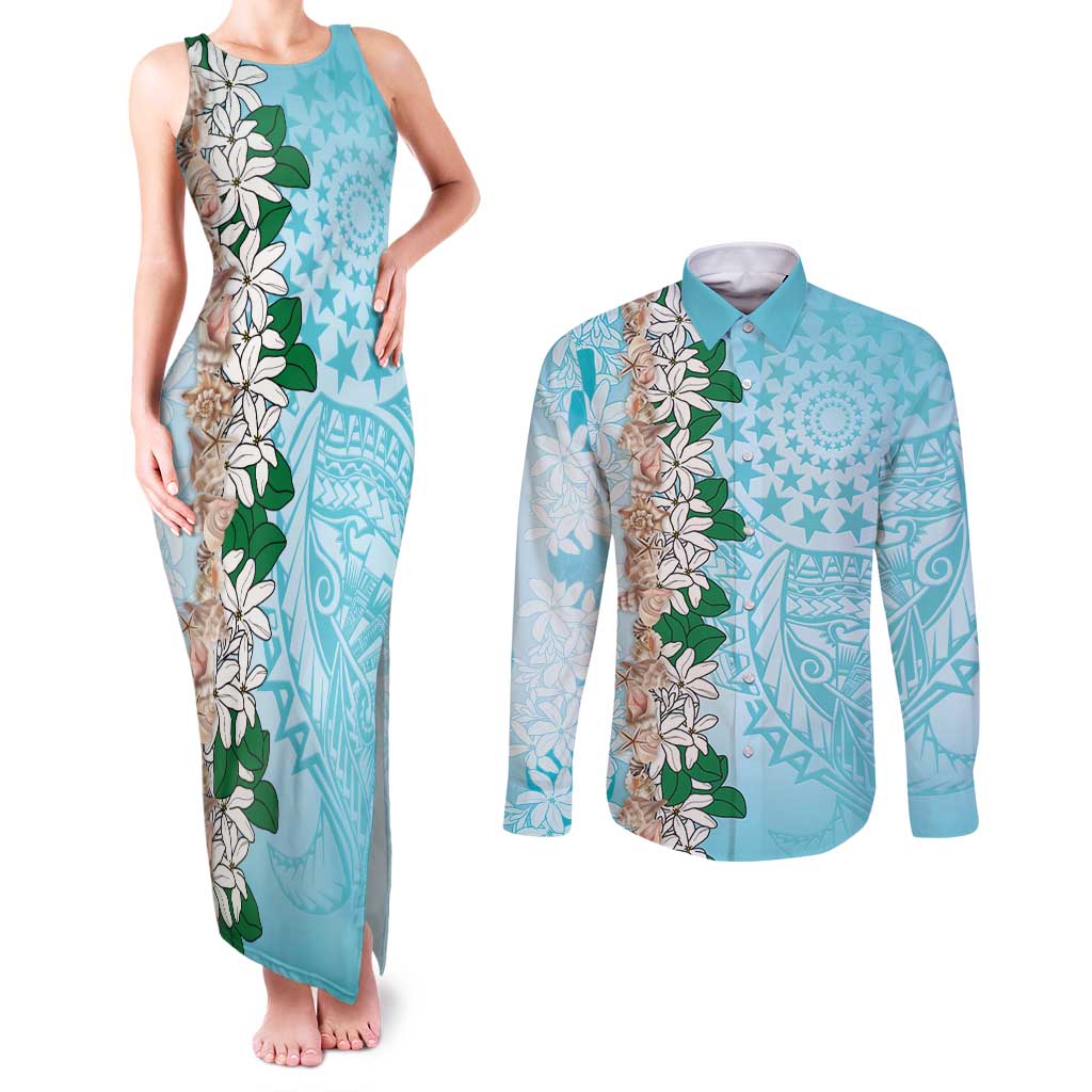 Cook Islands Tiare Maori With Conch Shell Couples Matching Tank Maxi Dress and Long Sleeve Button Shirt Pasifika Fest Polynesian Tattoo Turquoise LT14 Turquoise - Polynesian Pride