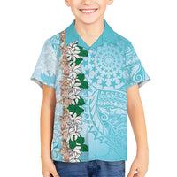 Cook Islands Tiare Maori With Conch Shell Family Matching Off The Shoulder Long Sleeve Dress and Hawaiian Shirt Pasifika Fest Polynesian Tattoo Turquoise LT14 Son's Shirt Turquoise - Polynesian Pride