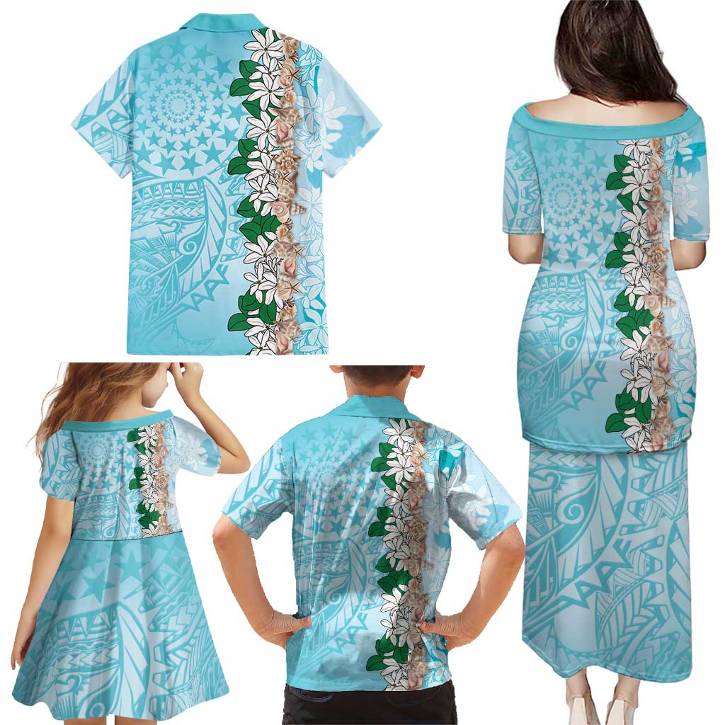 Cook Islands Tiare Maori With Conch Shell Family Matching Puletasi and Hawaiian Shirt Pasifika Fest Polynesian Tattoo Turquoise