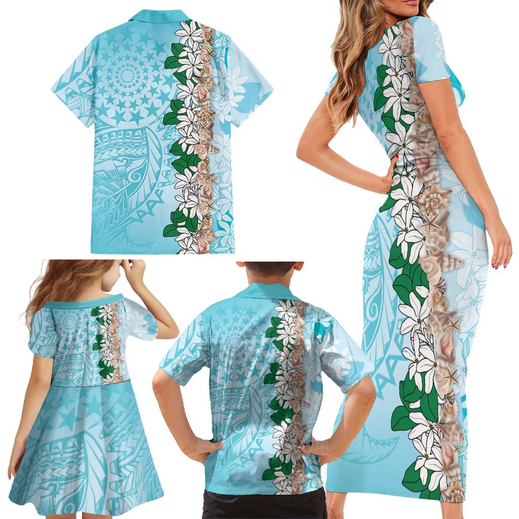 Cook Islands Tiare Maori With Conch Shell Family Matching Short Sleeve Bodycon Dress and Hawaiian Shirt Pasifika Fest Polynesian Tattoo Turquoise LT14 - Polynesian Pride